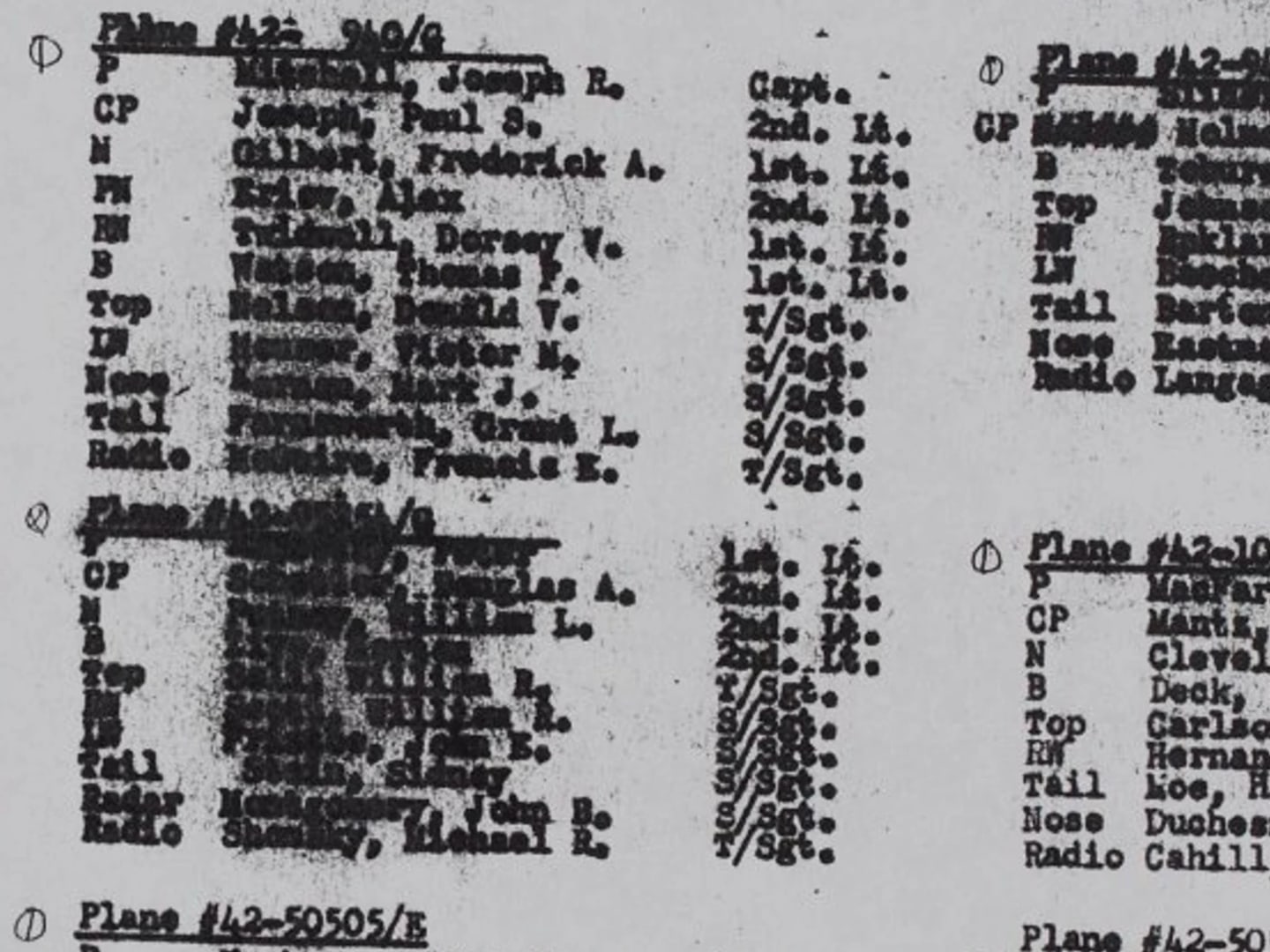 A blurred, smudged copy of a typed 93rd Bomb Group load list. Several crew names are unreadable.